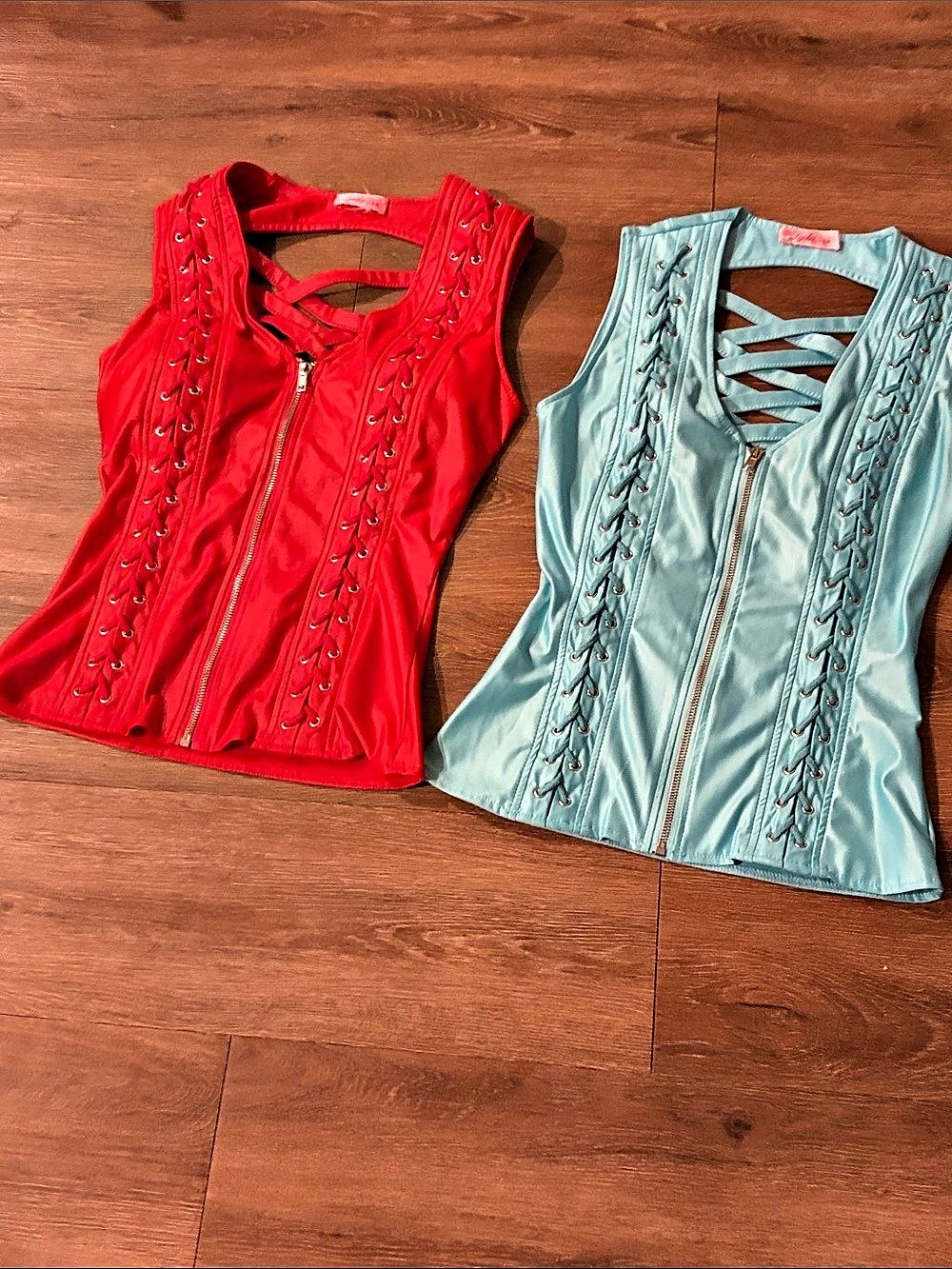 Lydia USA Lace-Up Zip Front Tops in Red & Blue medium